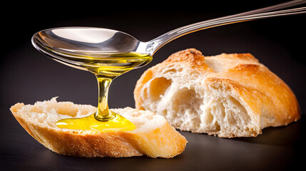 baguette with a drop of olive oil on modern black background