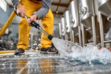 Male brewer cleaning brewery floor with high-pressure hose near fermentation tanks