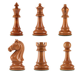 Elegant set of classic brown wooden chess pieces pack, including the crowned king and queen, isolated on a transparent background for strategic games