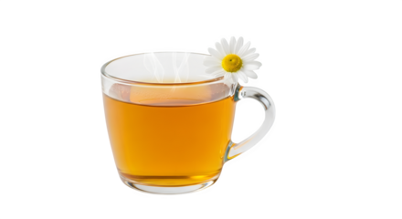 Aromatic chamomile tea isolated on transparent background, a soothing herbal beverage with a delicate floral flavor, adorned with a fresh daisy