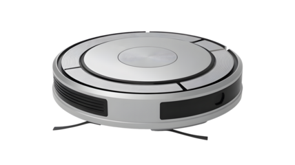 Silver and black robotic vacuum cleaner promises effortless modern home cleaning