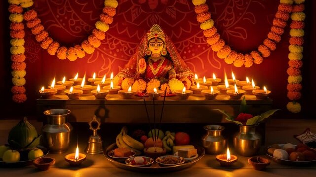 Divine maa durga idol adorned with marigold garlands and illuminated by glowing diyas during navratri celebration
