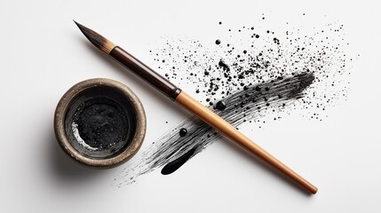 Isolated brush and ink set on white background,  calligraphy concept
