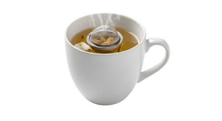 Aromatic herbal tea steeping in a white ceramic mug with a stainless steel tea infuser, isolated on transparent background a comforting and healthy beverage