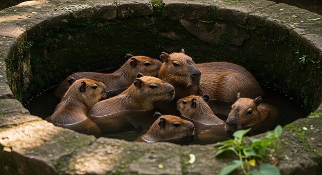 Capybara family in water hole