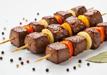 Grilled Beef Skewers with Spices on White Background 