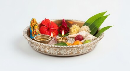 A puja thali with a deity, flowers, diyas, and other offerings, isolated on white background