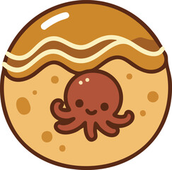 Cartoon takoyaki with octopus, sauce and mayonnaise.