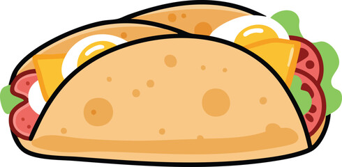 Cartoon illustration of two soft tacos filled with eggs, cheese, lettuce, and tomatoes, depicted in a simple graphic style.