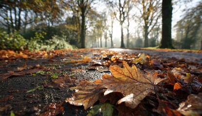 Obraz premium Autumn leaves on path, sunlit scene