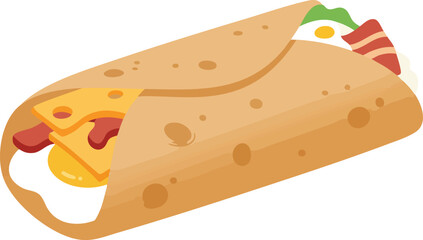 A breakfast burrito, filled with eggs, cheese, bacon, and lettuce, wrapped in a tortilla.
