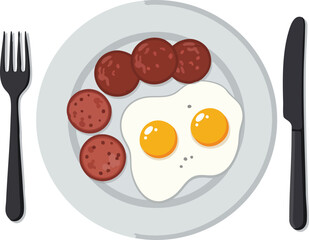 Breakfast plate with fried eggs and sausage, fork and knife.