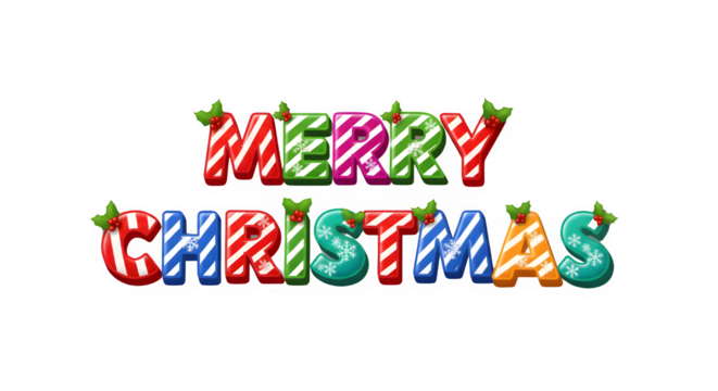 Colorful "Merry Christmas" Text with Candy Cane and Holly Decorations
