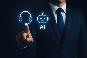 Businessman finger touching glowing icons of AI chatbot and human headset, representing artificial intelligence support, customer service automation, digital assistance, and smart communication
