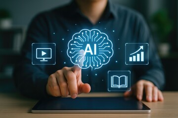 Businessman using tablet with AI technology icons for data analysis, e-learning, digital video, and performance growth. Concept of artificial intelligence in education and business solutions