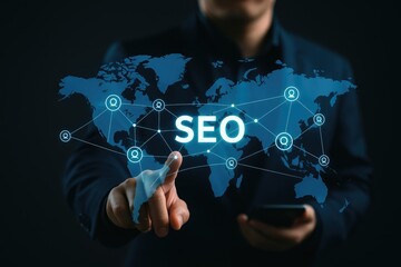 Businessman touching virtual world map with SEO text and user icons connected globally. Concept of global SEO strategy, digital marketing, search optimization, and online presence growth