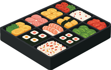 A top-down view of a black bento box filled with various Japanese dishes, including sushi, tamagoyaki, and rice.