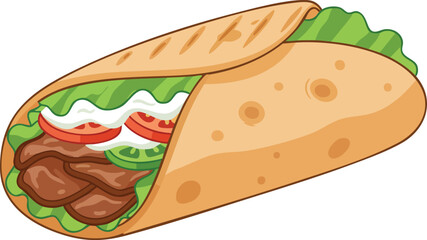 A delicious looking wrap filled with meat, lettuce, tomatoes, and sauce, all enclosed in a grilled tortilla.