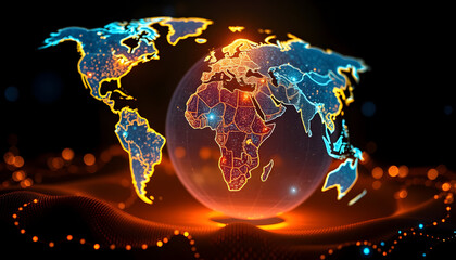 Dynamic digital globe illuminates global connections and modern technology, showcasing interconnectedness and innovation with vibrant light streams