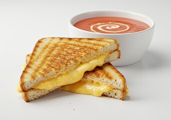 Grilled Cheese Sandwich with Tomato Soup on White Background 