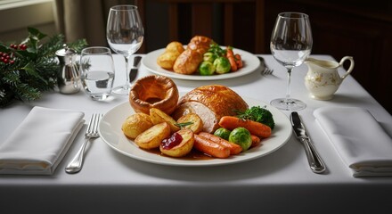 Festive Roast Dinner with Sides on Elegant Table Setting.