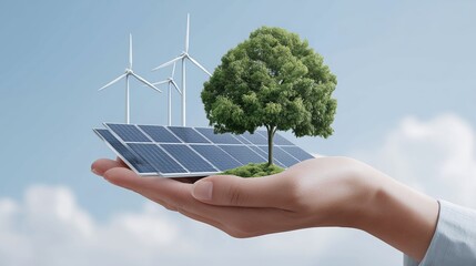 Woman hand holding miniature landscape with solar panels, wind turbines, and a tree. Sustainable energy and eco-friendly technology concept for environmental protection.