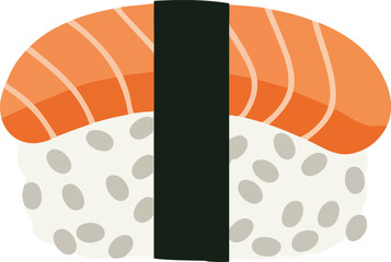 A simple vector illustration of a single piece of salmon nigiri sushi with a nori seaweed wrap, isolated on a white background.