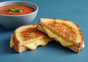 Grilled Cheese Sandwich with Tomato Soup on White Background 