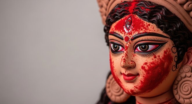 Closeup portrait of a hindu goddess durga statue face, adorned with red sindoor and intricate makeup