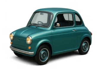 Classic turquoise compact car isolated on transparent background, showcasing vintage automotive design