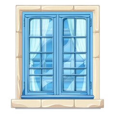 Obraz premium A blue window with curtains, framed by a stone wall, showcasing a charming aesthetic.