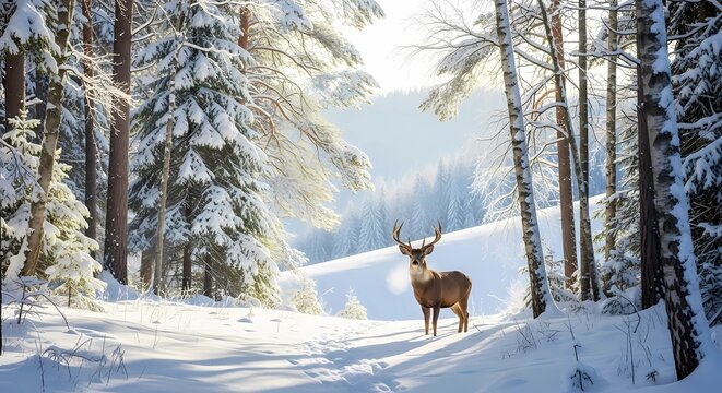 Deer in winter wonderland forest scene snowy landscape christmas holiday season background nature art 4k