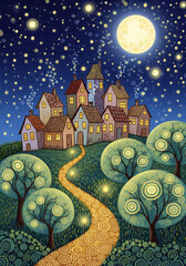 Whimsical Fairytale Night Village with Glowing Lights and Dreamy Moonlit Sky