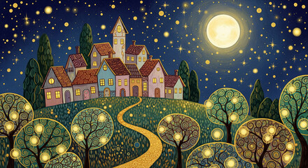 Whimsical Fairytale Night Village with Glowing Lights and Dreamy Moonlit Sky