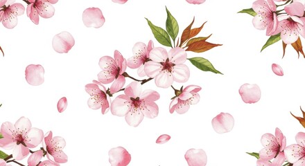 Watercolor Cherry Blossom Pattern with Pink Flowers and Petals.