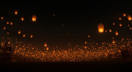 Yi Peng Lantern Festival, Thousands of glowing paper lanterns rising into the starry night sky
