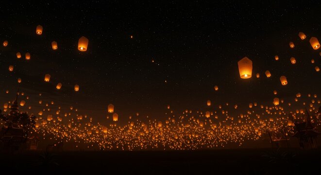 Yi Peng Lantern Festival, Thousands of glowing paper lanterns rising into the starry night sky