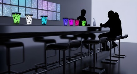Silhouetted people at a sleek futuristic bar with glowing drinkware