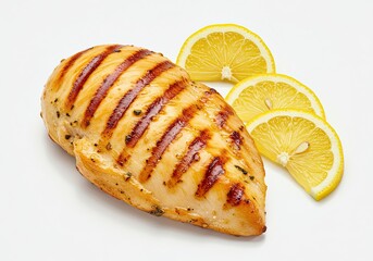 Grilled Chicken Breast with Lemon on White Background 