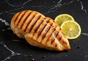 Grilled Chicken Breast with Lemon on White Background 