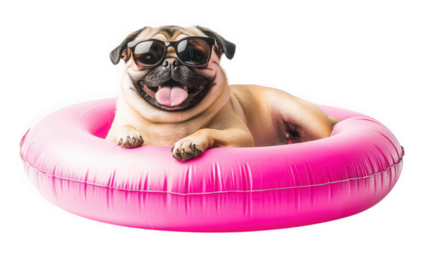 A cheerful pug dog with sunglasses is lying in a pink inflatable ring, isolated on transparent background the dog is smiling and sticking its tongue out, enjoying the summer
