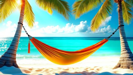 Naklejka premium Hammock between palm trees on tropical beach