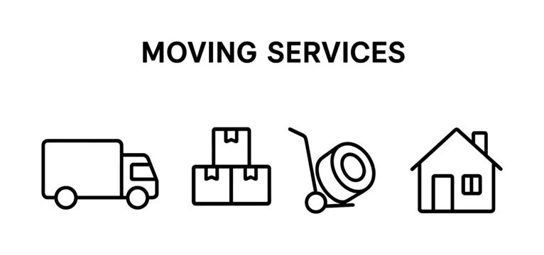Minimalist icons representing moving services with truck boxes trolley house