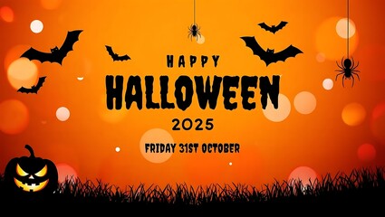 Spooky halloween greeting with bats pumpkin and bokeh lights for 2025 celebration