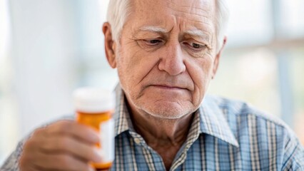 An elderly man looks thoughtfully at a prescription bottle, reflecting on his medication and health.