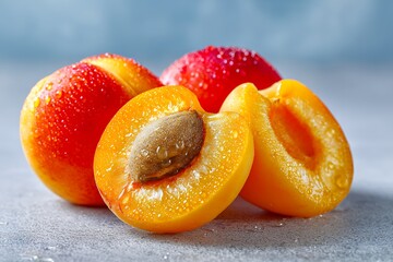 Fresh juicy apricots with water droplets and vibrant red background