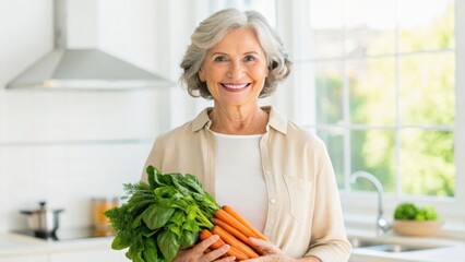 Smiling elderly woman holding fresh vegetables in a bright kitchen, exuding health and vitality.