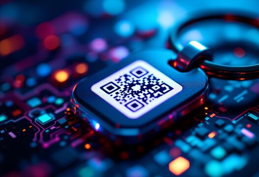 QR Code Keychain on Digital Circuit Board Background - Powered by Adobe