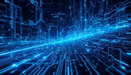 Dynamic neon blue digital circuit board lines pulse with vibrant energy, representing futuristic data flow and complex network connections in a modern technological landscape.