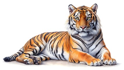 Naklejka premium Watercolor painting of a majestic tiger isolated on white background, showcasing its powerful presence and beauty